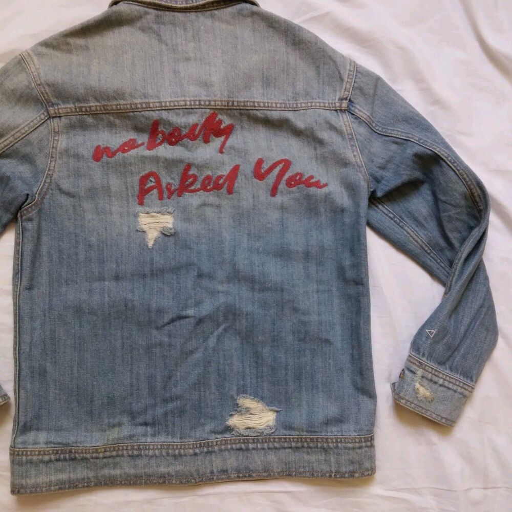 Hidden Embroidered Distressed Denim Jean Jacket Grunge Y2K Women's Size XS - Picture 15 of 16